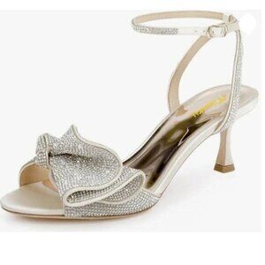 Milooey shoes Womens Glitter Rhinestone Bow Heeled Sandal Elegant Crystal Sliver